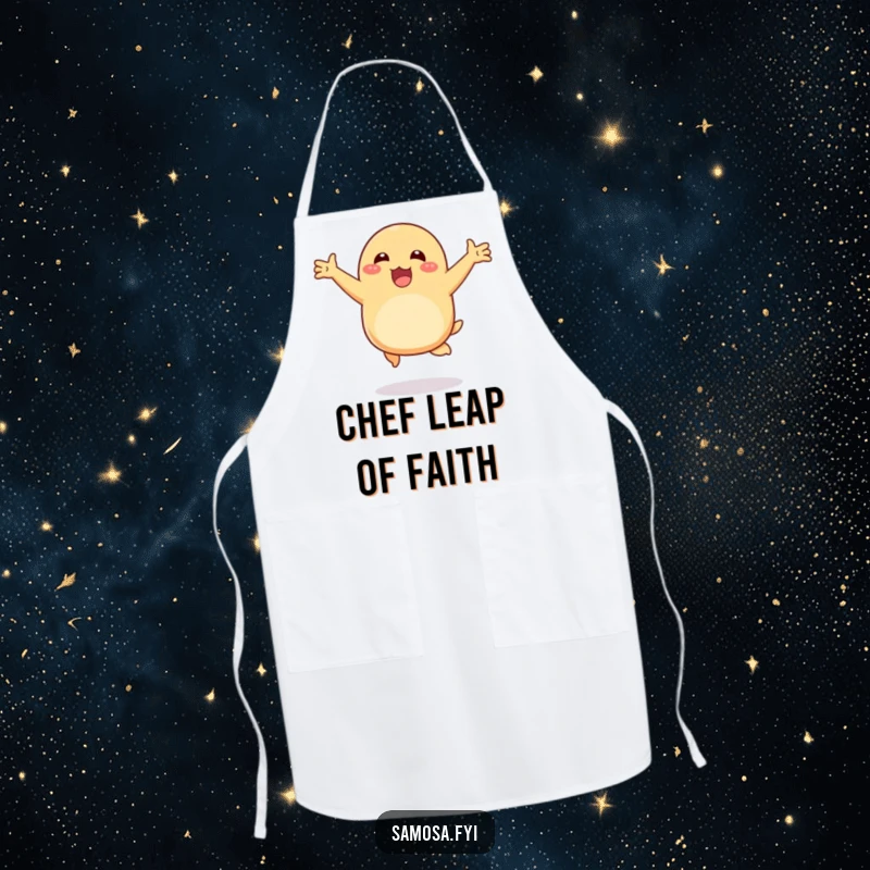 Funny apron featuring a happy samosa hopping with arms outstretched, perfect for adding a humorous touch to kitchen activities.