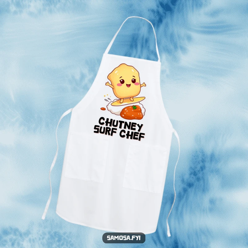 Funny apron showing a pastry surfing chutney, ideal for the adventurous home cook who loves a laugh.