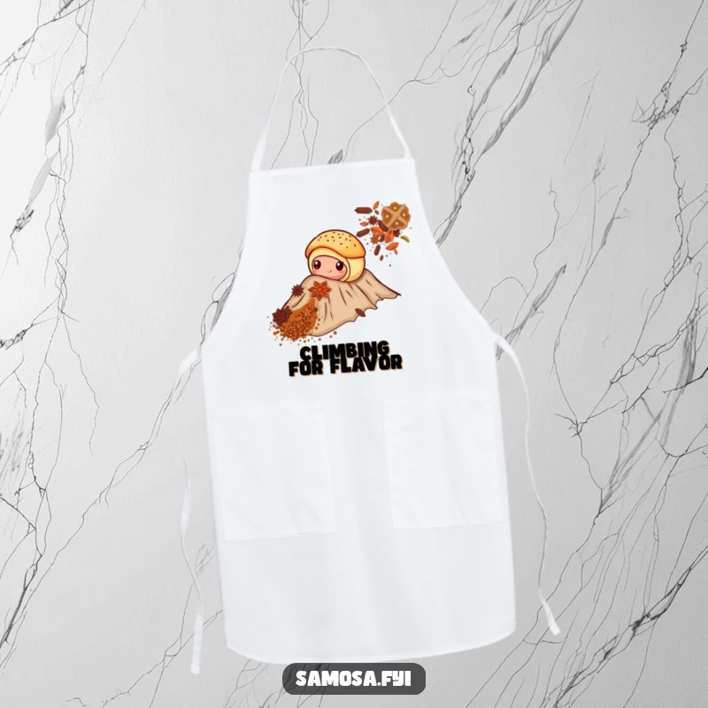 Funny apron showcasing a pastry's epic climb up a spice mountain, ideal for the humorous home cook.