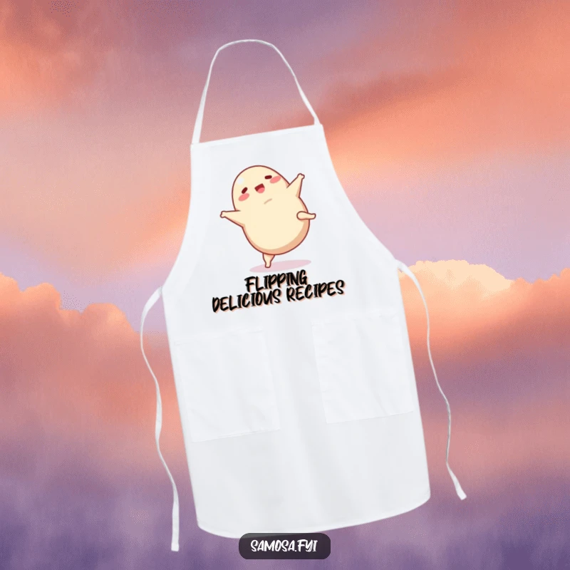 Funny Samosa Apron: A practical and humorous kitchen apron with a samosa doing a cartwheel, perfect for food lovers.