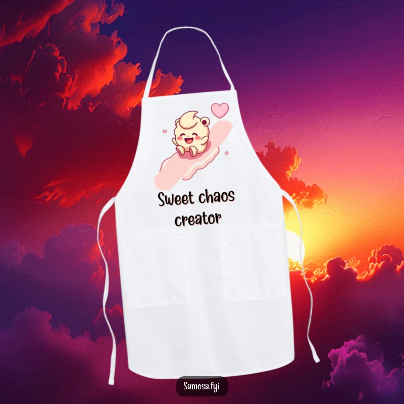 Funny kitchen apron with a giggling laddoo character happily rolling down a sugary slope, perfect for cooking fun.