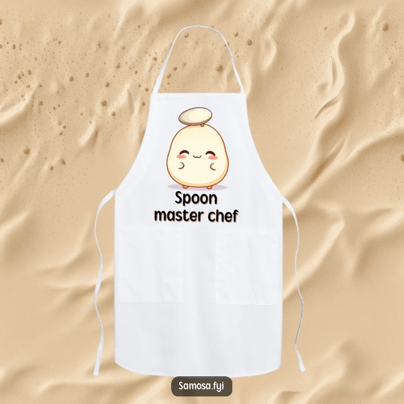 Funny apron showing a pastry puff balancing a spoon, perfect for the kitchen or for those who juggle tasks.