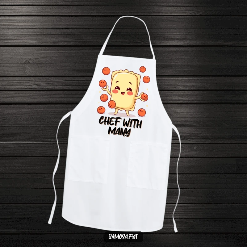 Functional apron adorned with a funny ravioli character juggling meatballs, perfect for a playful cooking experience.