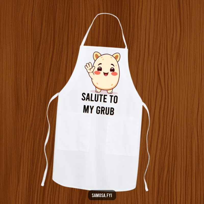 Funny Samosa Apron featuring a smiling animated samosa character giving a cheerful salute, designed for cooks and as a funny gift.