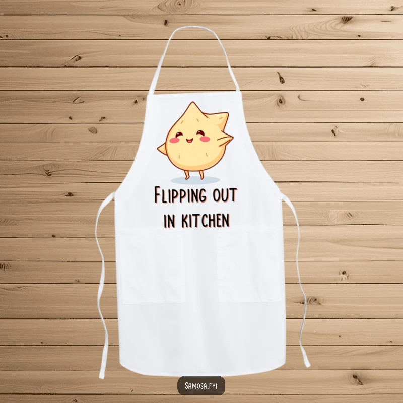 Funny apron graphic of a smiling samosa character with tiny legs doing a cartwheel, ready for culinary fun.