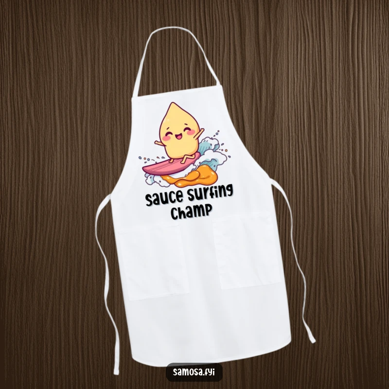 Durable apron featuring a giggling samosa character riding a chutney wave, ideal for kitchen fun and a humorous cooking gift.