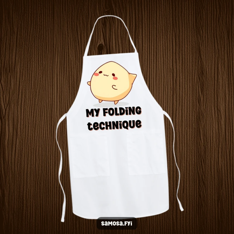 Funny Samosa Apron showing a samosa character comically tripping over its folded edges, ideal for kitchen protection with a laugh.
