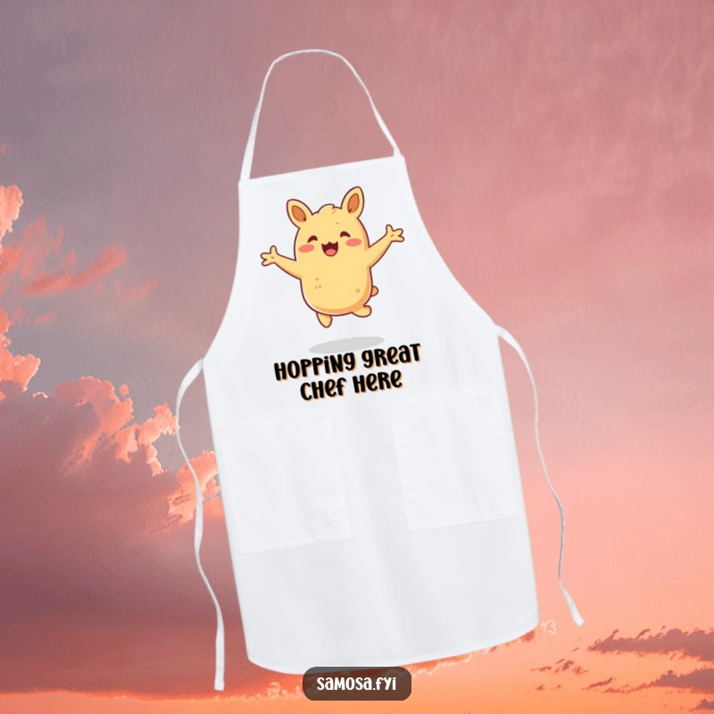 Funny samosa apron showing a happy pastry hopping with arms outstretched, perfect for a fun snack-making experience.