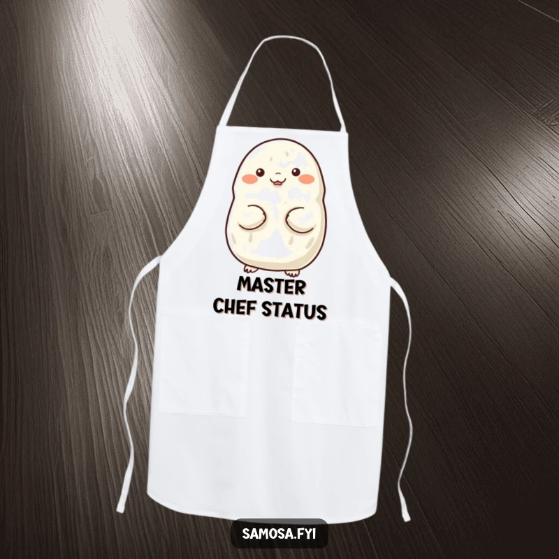 Funny apron for cooks featuring a samosa proudly puffing out its chest, adding humor to meal preparation.