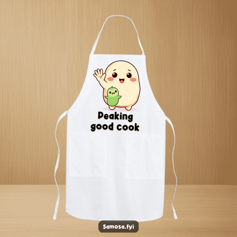 Funny Apron showcasing an enthusiastic samosa waving hello to a pea, a humorous and practical kitchen accessory.