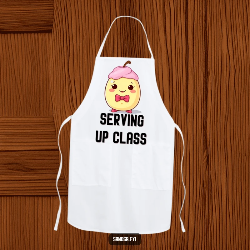 Funny cooking apron with a dapper gulab jamun character wearing a bow tie, perfect for kitchen fun.