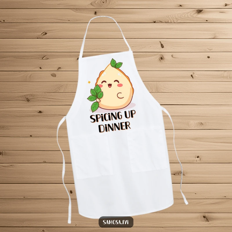Funny Samosa Apron showing a happy samosa offering a mint leaf, a humorous kitchen accessory for a funny gift.