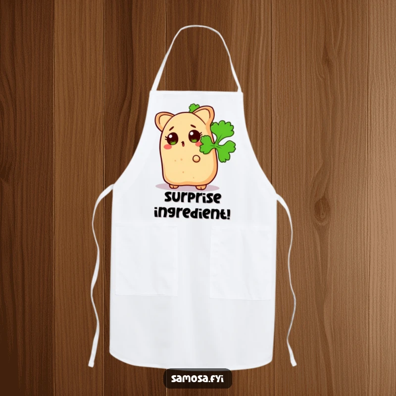 Funny Surprised Samosa Apron: Kitchen wear featuring a snack peeking from behind coriander leaves, bringing playful humor to cooking.