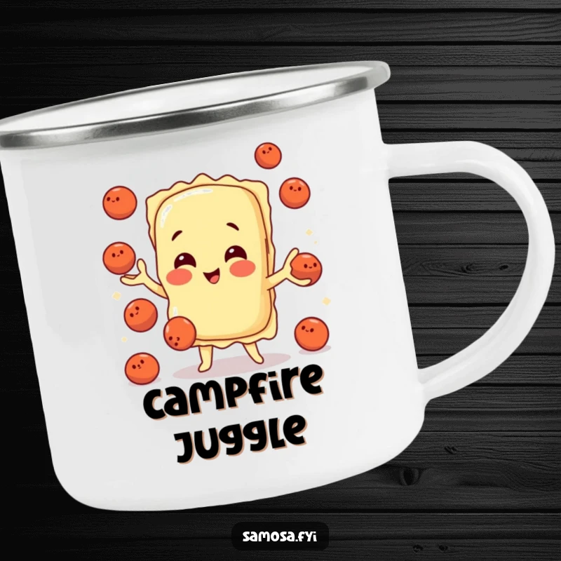 Sturdy camping mug featuring a funny ravioli character juggling meatballs, blending outdoor utility with Italian humor.