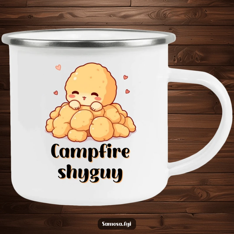Funny camping mug with a shy pakora character peeking out from a pile of crispy batter, perfect for outdoor beverages.
