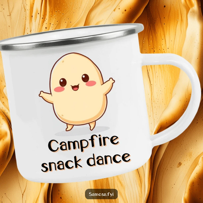 Funny Camping Mug featuring a cheerful samosa with tiny sesame seed eyes, humorously doing a joyful jig, ideal for fun-loving outdoor enthusiasts.