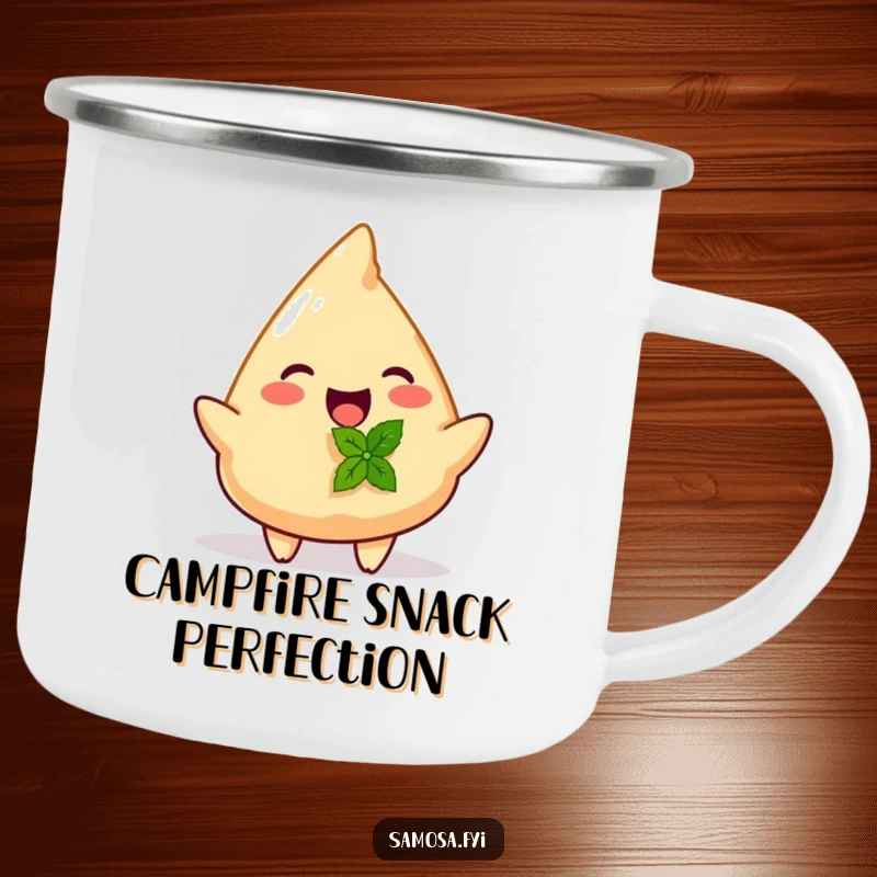 Funny camping mug showing a joyful samosa offering a mint leaf, great for outdoor beverages.