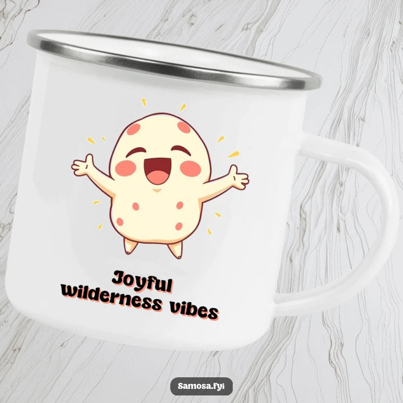 Funny Samosa Camping Mug depicting a samosa character bursting with joy, arms flailing wildly, perfect for outdoor celebrations.