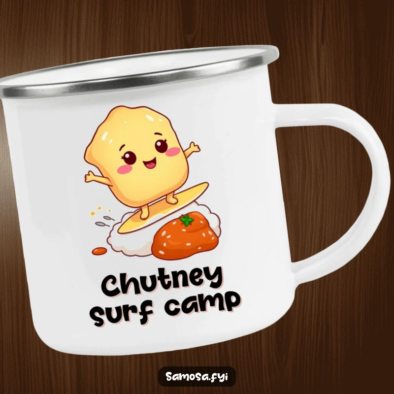Funny camping mug featuring a pastry surfing chutney, ideal for outdoor enthusiasts who appreciate humor.