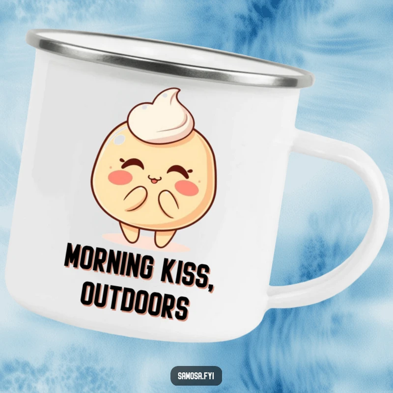 Durable camping mug featuring a blushing pastry puff character blowing a kiss, perfect for sweet drinks outdoors.