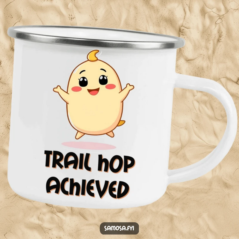 Funny Samosa Camping Mug illustrating a cute samosa character doing a funny little hop with a big grin, bringing joy to outdoors.