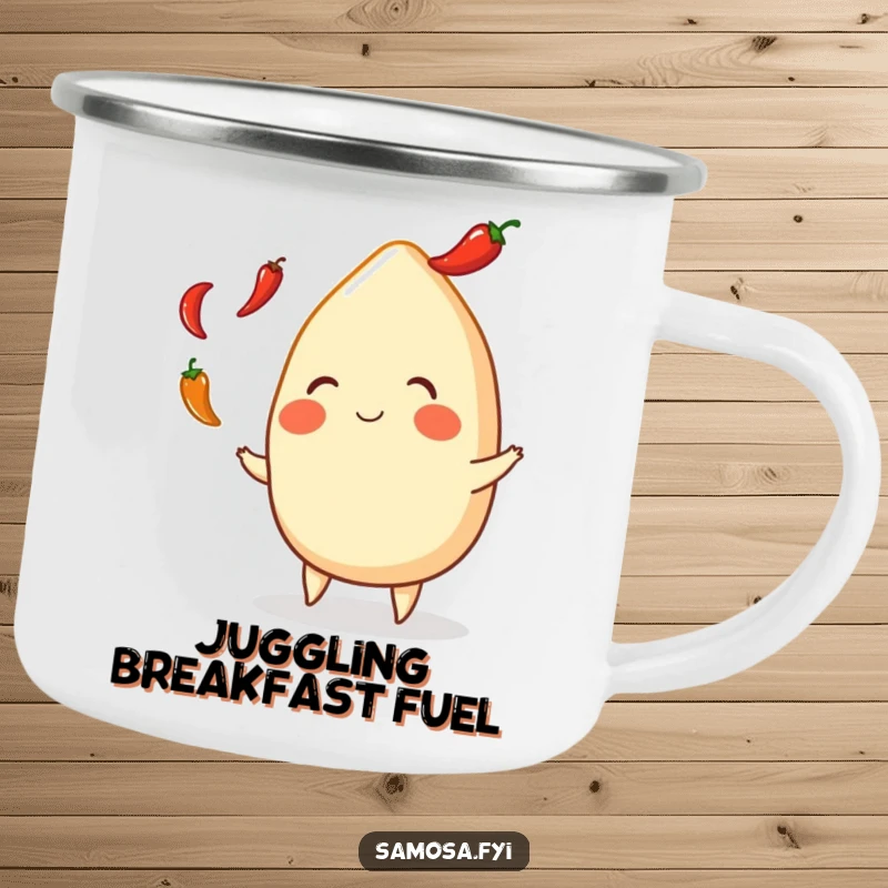 Funny Samosa Camping Mug: Durable enamel mug showcasing a smiling Indian snack juggling hot peppers, ideal for outdoor enthusiasts.