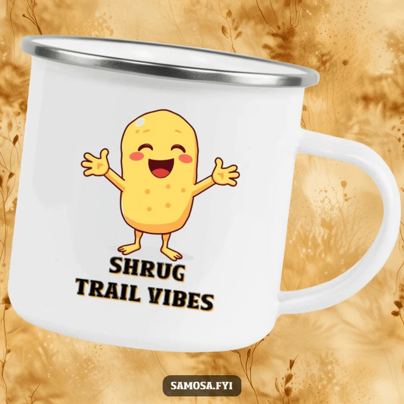 Funny camping mug with a chickpea fritter comically shrugging, ideal for outdoor enthusiasts who enjoy humor.