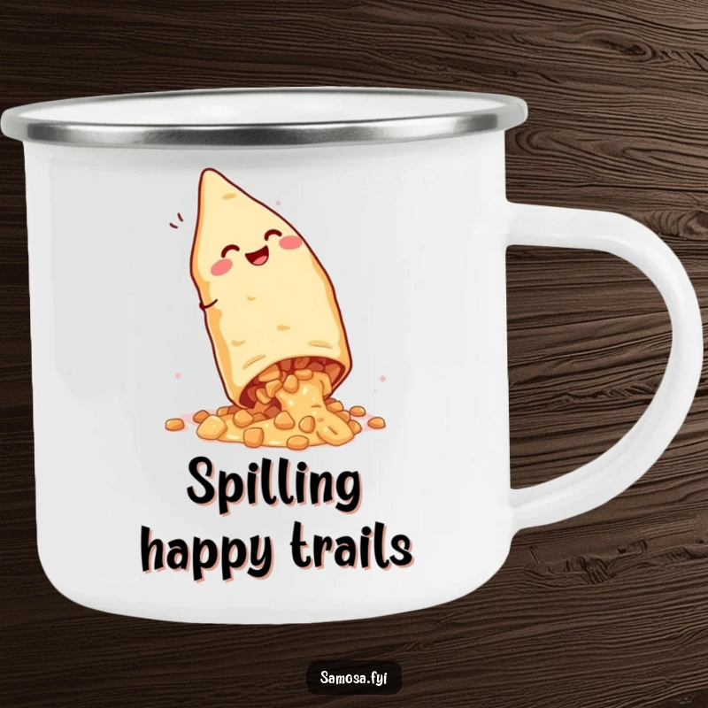 Funny Giggling Samosa Camping Mug: Sturdy mug showing a snack performing a cartwheel with filling spilling, great for outdoor fun.
