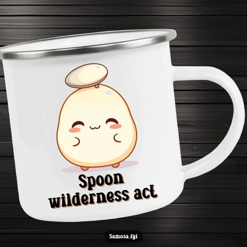 Funny camping mug featuring a pastry puff balancing a spoon, ideal for outdoor enthusiasts who enjoy a challenge.