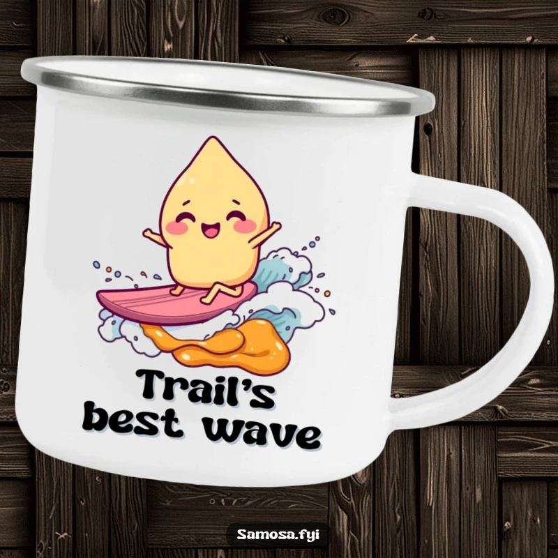 Enamel camping mug featuring a giggling samosa surfriding a chutney wave, built for adventure and a dose of funny.