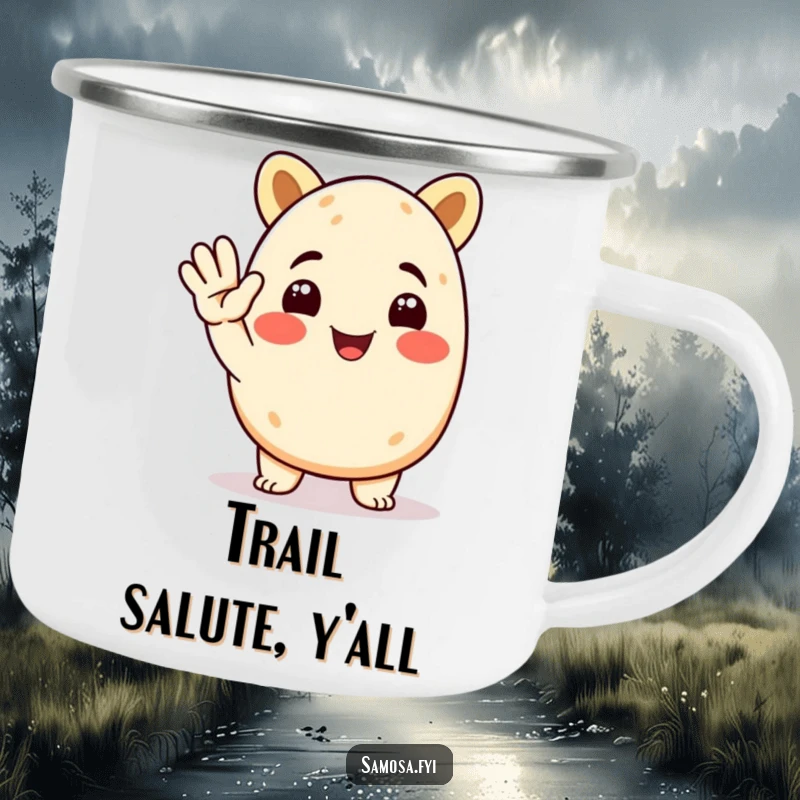 Funny Samosa Camping Mug featuring a smiling animated samosa character giving a cheerful salute, perfect for outdoor trips and funny gifts.