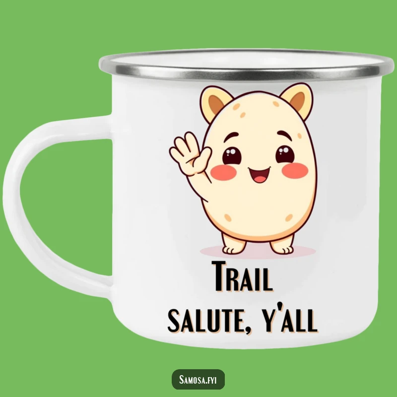 Funny Samosa Camping Mug: Animated Character Saluting, Outdoor Humor Gift