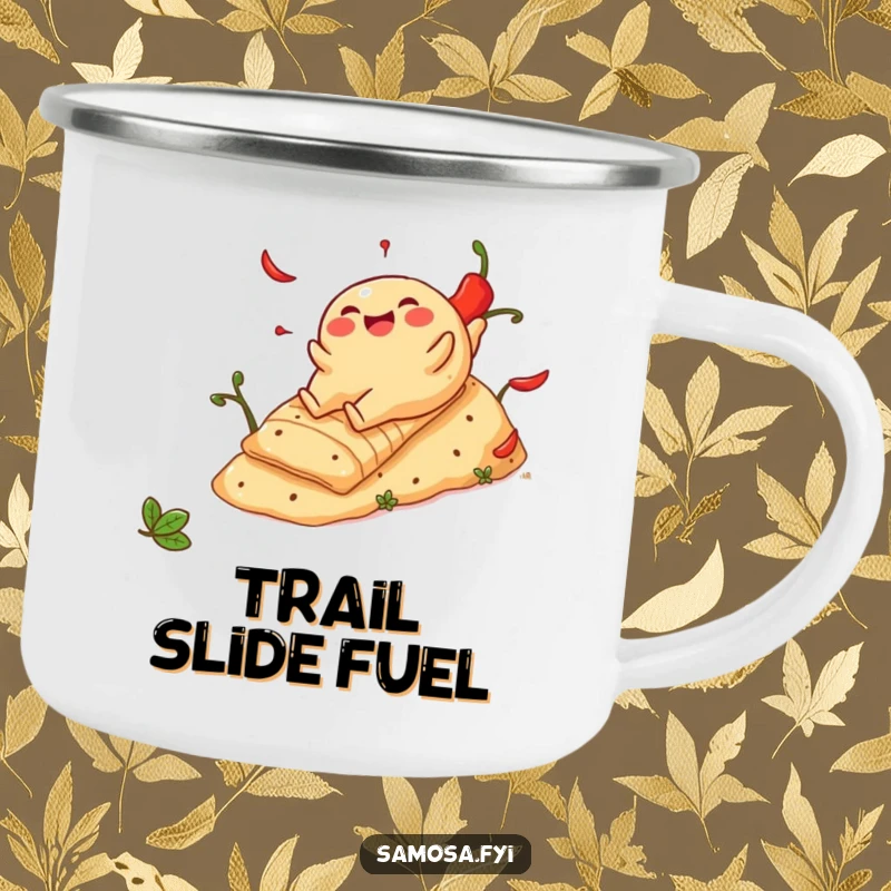 Funny Cheerful Samosa Camping Mug: Sturdy mug showing a snack sliding down a spicy pepper hill, great for outdoor enjoyment.