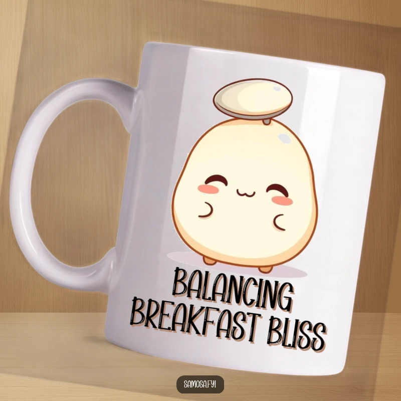 Funny mug featuring a plump pastry puff trying to balance a tiny spoon on its head, conveying concentration and humor.