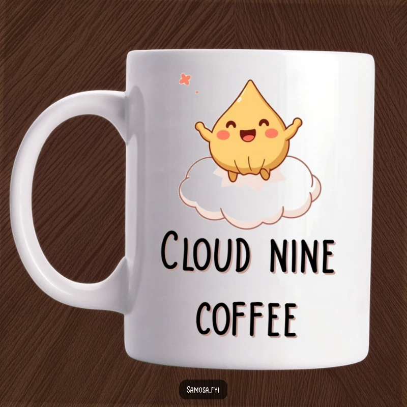 Funny Samosa Mug showing a happy samosa bouncing on a fluffy pastry cloud, representing pure, snack-fueled bliss.