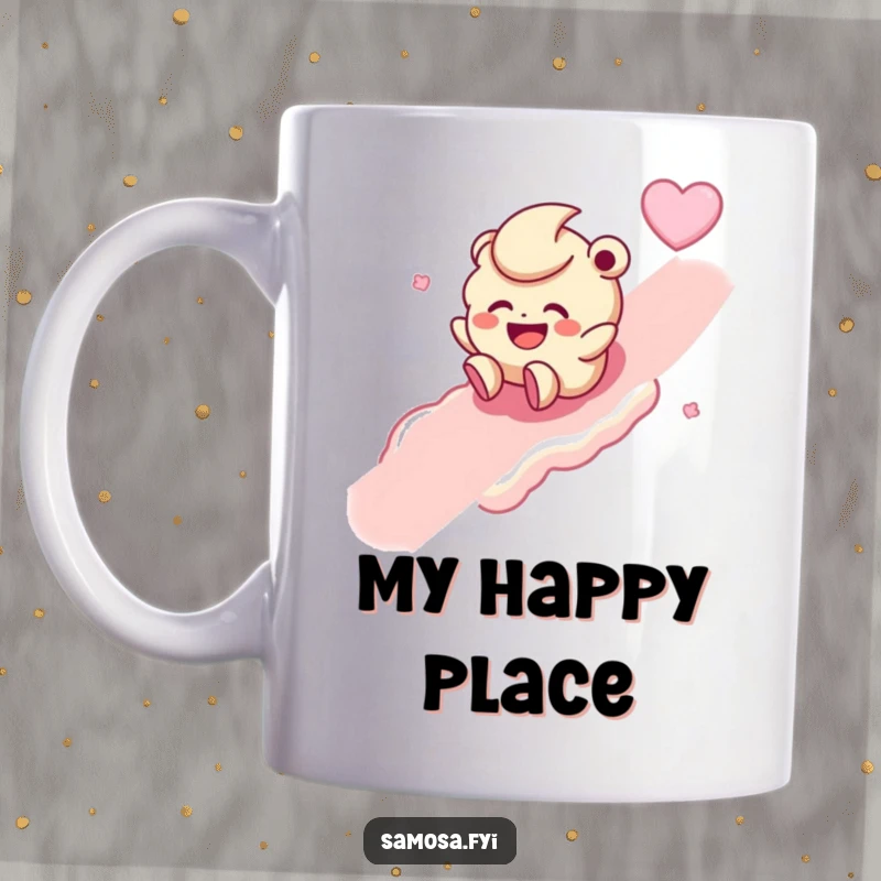 Funny mug with a giggling laddoo character joyfully rolling down a sugary slope, depicting pure sweet delight.