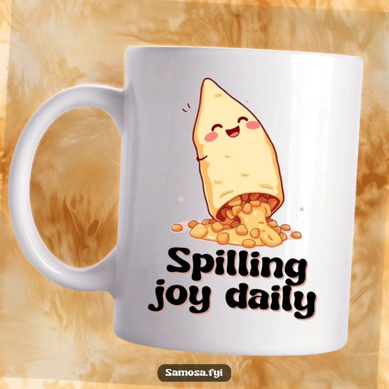 Funny Giggling Samosa Mug: Indian snack character doing a cartwheel with filling spilling out, looking absolutely delighted and clumsy.