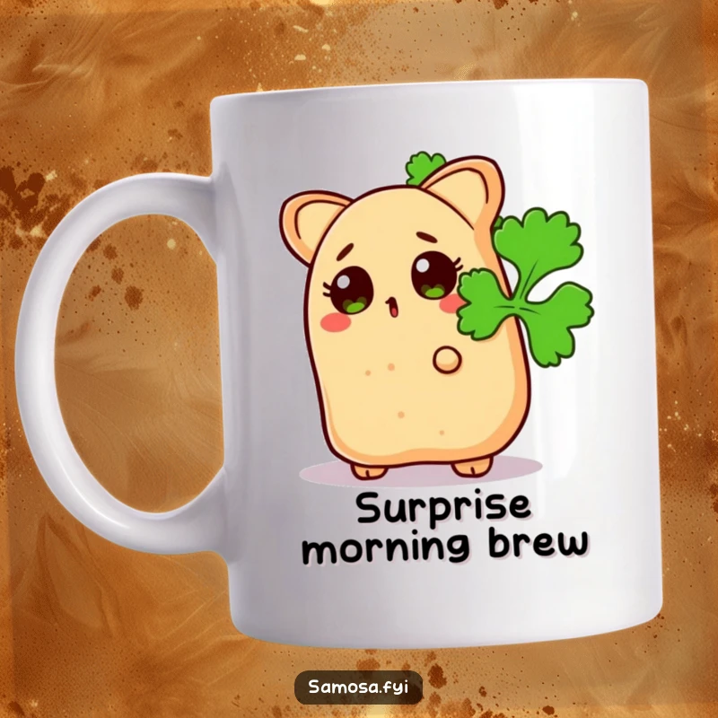 Funny Surprised Samosa Mug: Indian snack peeking curiously from behind a green coriander leaf, with wide, surprised eyes.