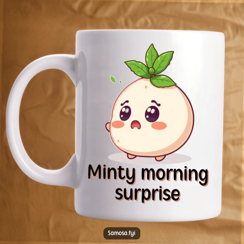 Funny Surprised Samosa Mug shows a samosa character with wide, shocked eyes reacting to a flying mint leaf.
