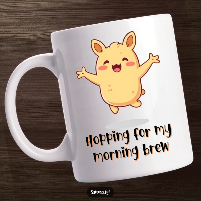 Funny samosa mug showing a joyful, golden-brown pastry energetically hopping with arms outstretched in excitement.