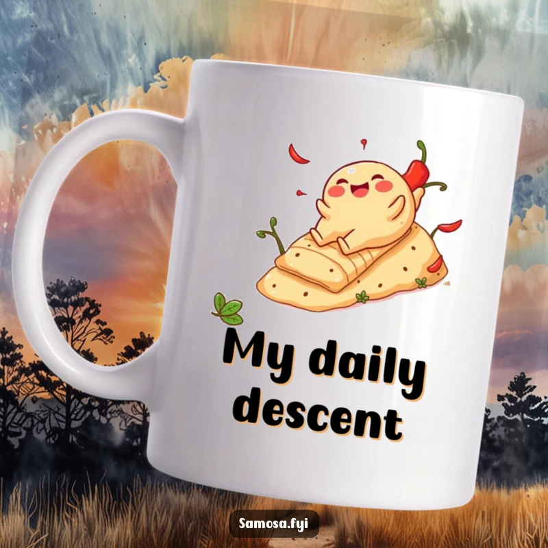 Funny Cheerful Samosa Mug: Indian snack sliding down a spicy red pepper hill, looking happy and adventurous.