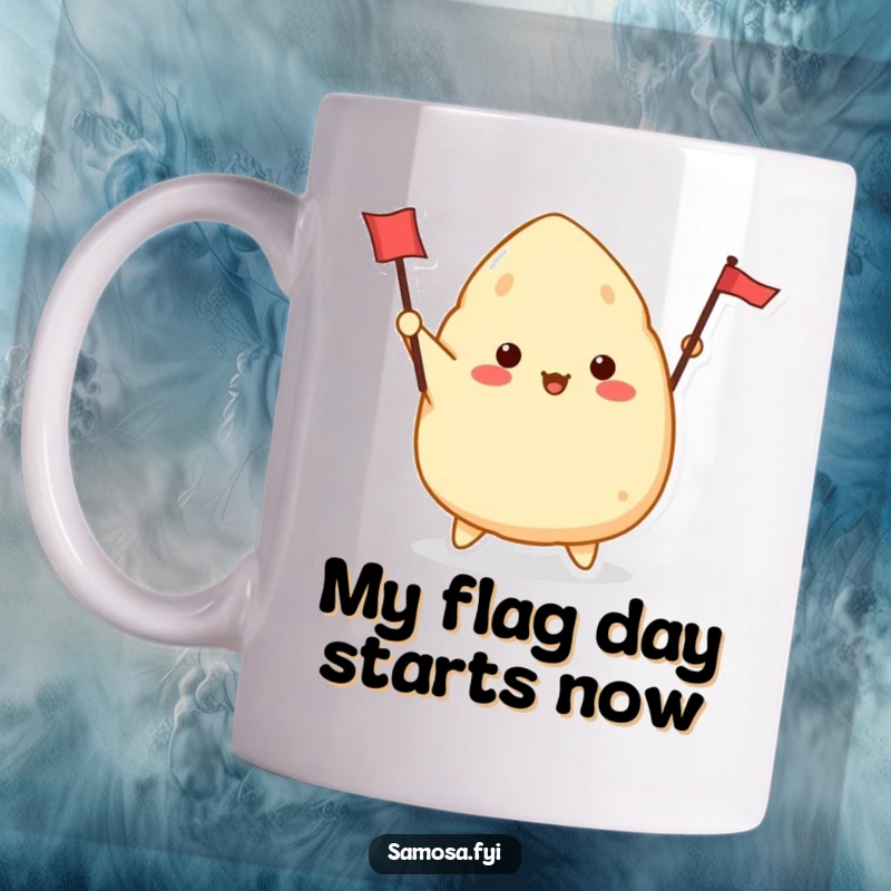 Funny Samosa Mug illustration of a cute samosa character enthusiastically waving a tiny flag with a big smile, perfect for gifting.