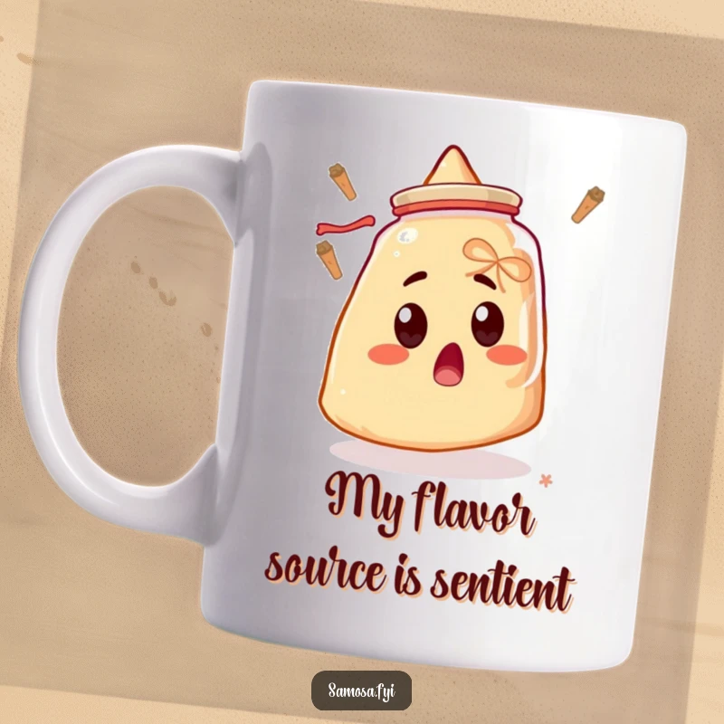 Funny mug featuring a surprised samosa with wide eyes staring at a floating spice jar, expressing culinary shock and delight.