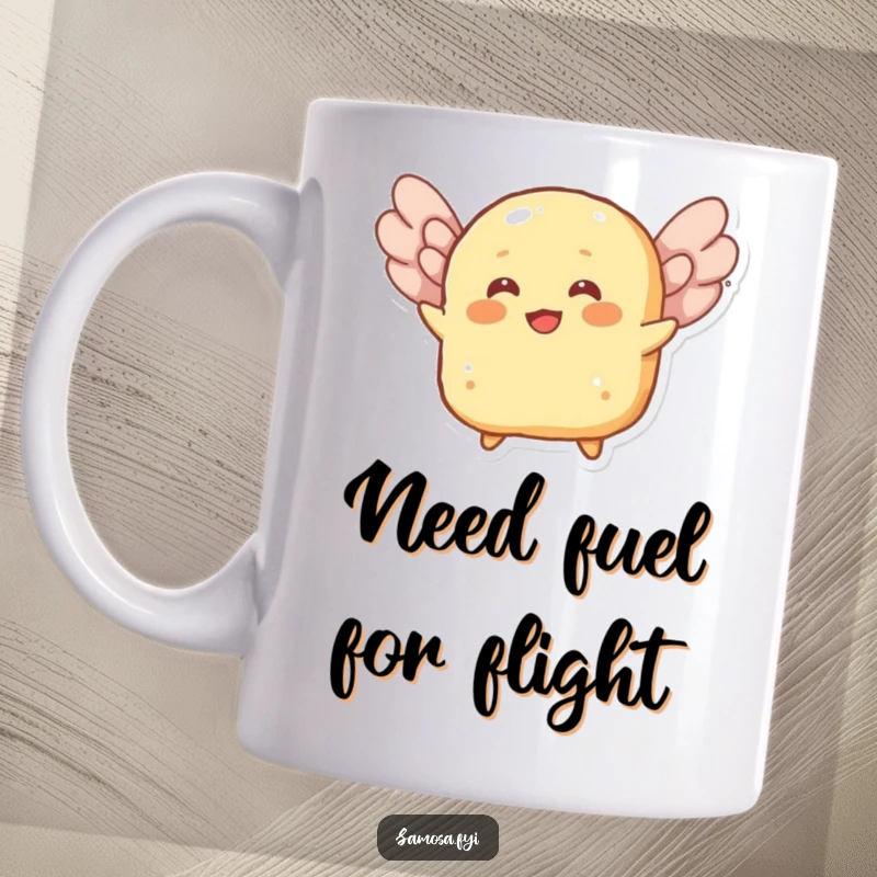 Funny mug showing a cheerful roti character attempting to fly using its flaky layers as wings, with determination and joy.