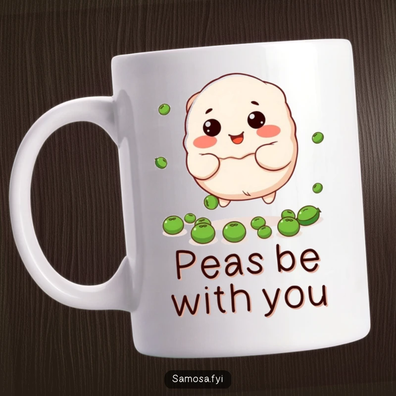 Funny stuffed dumpling mug artfully trying to catch falling peas with a happy, determined expression, perfect for food lovers.