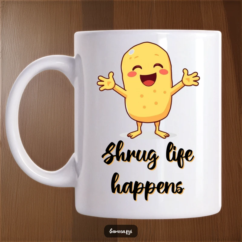 Funny mug featuring a happy chickpea fritter with arms outstretched, comically shrugging, expressing carefree humor.