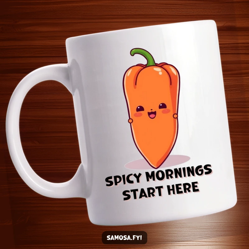 Funny Samosa Mug featuring a samosa character peeking playfully from behind a large, vibrant chili pepper, hinting at mischief.