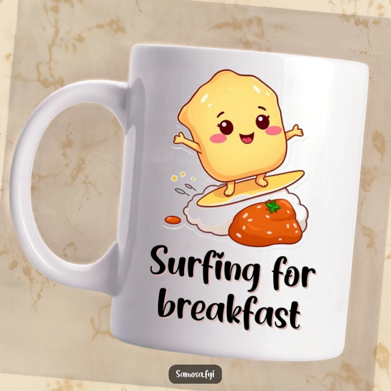 Funny mug featuring a happy pastry surfing a dollop of chutney, conveying joy and delicious adventure.