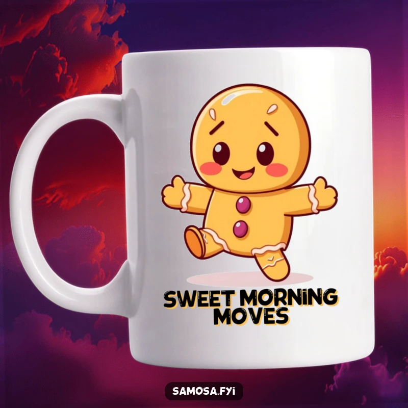 Funny gingerbread cookie mug showing the character performing a wobbly, cheerful dance, perfect for holiday humor.