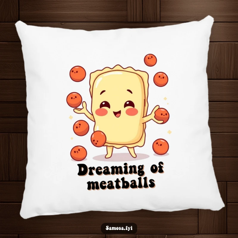 Soft pillow featuring a playful ravioli character juggling tiny meatballs, offering comfort and Italian-themed humor.